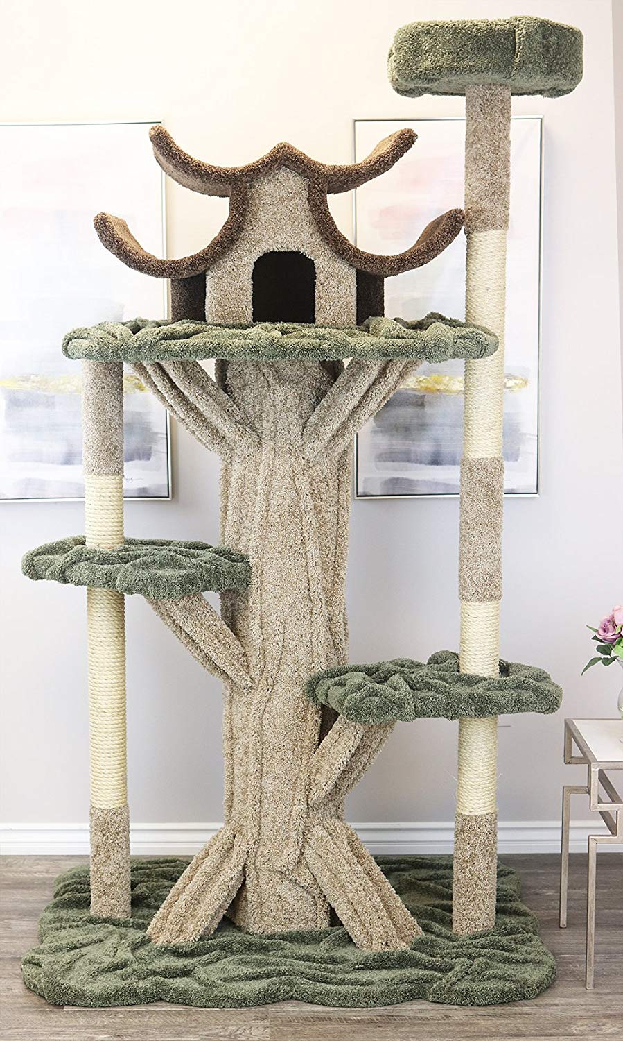 Cat trees carpeted pagodas like this one made of buff and pale green carpet with tree bark accents along the "trunk" really are works of art!