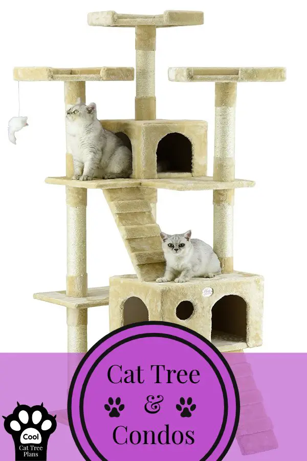 A cat tree with two cat condos on it