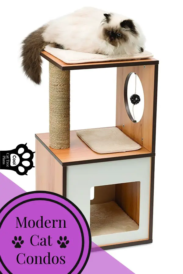A fluffy cat laying on a modern cat condo