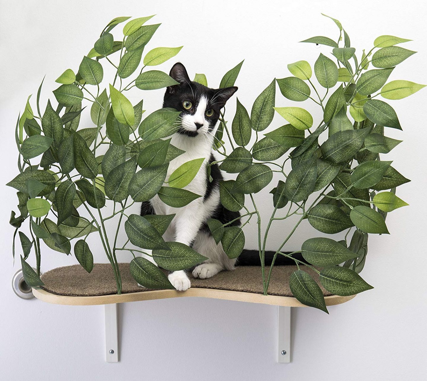 Cat Perch With Pretty Silk Leaves - This wall mounted cat perch is a mini cat tree with leaves and branches. Cats love it!