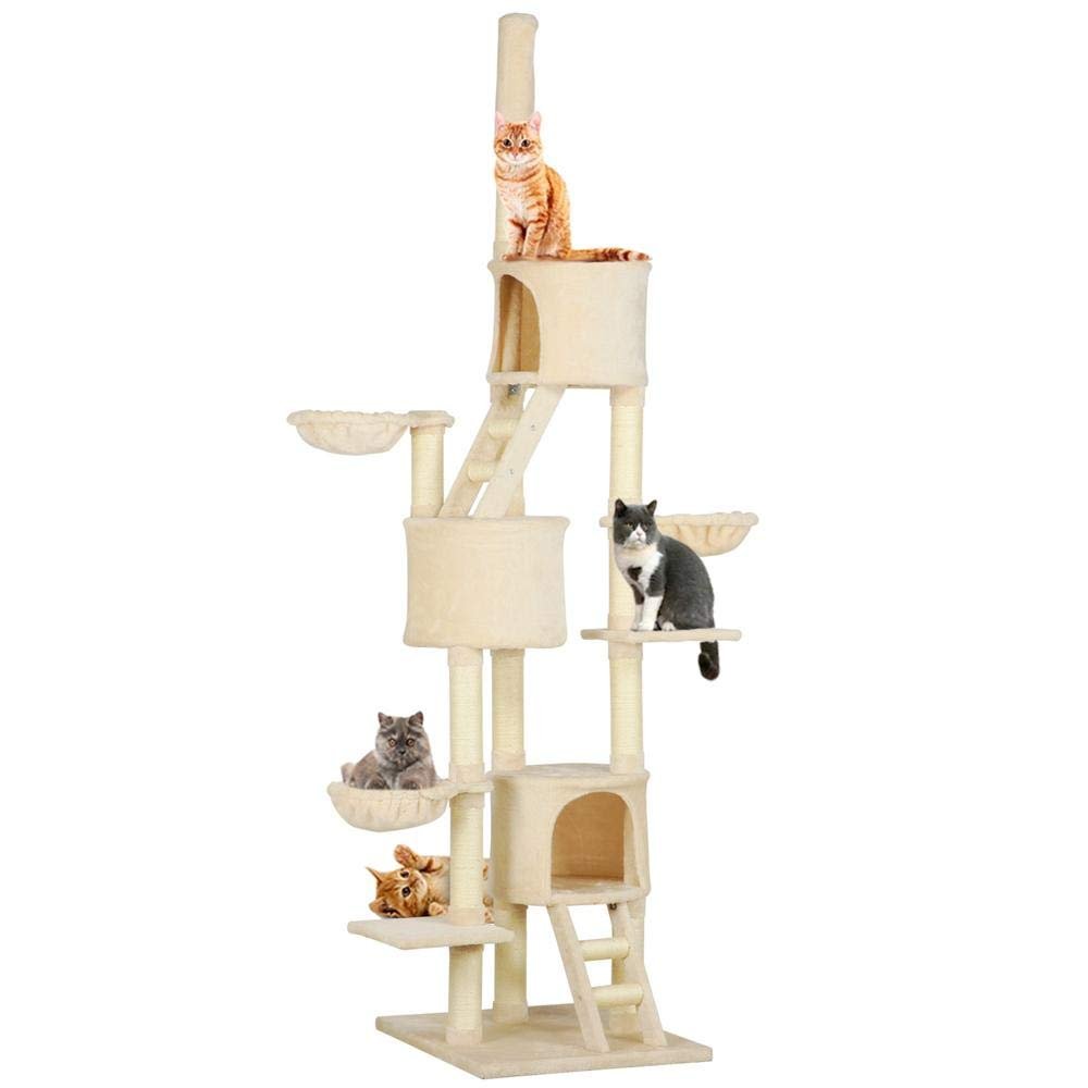 Great floor to ceiling tension pole cat tree with a small footprint.  Modern look with a slimline narrow base.