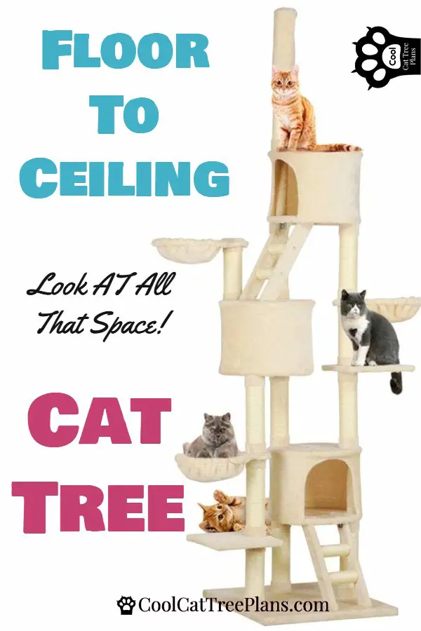 Great floor to ceiling tension pole cat tree with a small footprint.  Modern look with a slimline narrow base.