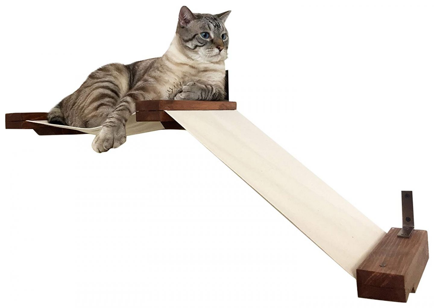 Wall Mounted Cat Lounger With Fabric Ramp - Such a cool wall mounted cat perch! Seems a shame to lump it in with the stylish wall mounted cat hammock, cat perch with pretty silk leaves, curved mahogany cat shelf with replaceable carpet and wall mounted sisal post with cat perches. One of them WILL capture your heart!