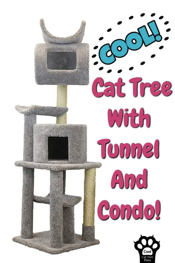 Carpeted Cat Tree With Tunnel And Condo - Great cat climbing tree for large cats. Super sturdy solid wood construction. Cat condo and play tube are sized for really large cats to enjoy.