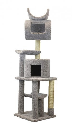 Carpeted Cat Tree With Tunnel And Condo - Great cat climbing tree for large cats. Super sturdy solid wood construction. Cat condo and play tube are sized for really large cats to enjoy.