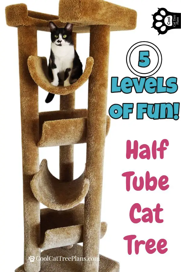 Five Level Half Tube Carpeted Cat Tree - This super cool 72 inch cat tower has a bumpered bed on top and four half tube platforms braced between it's three solid wood supports. Won't Tip! Has room for lots of kitties to play even large cats!