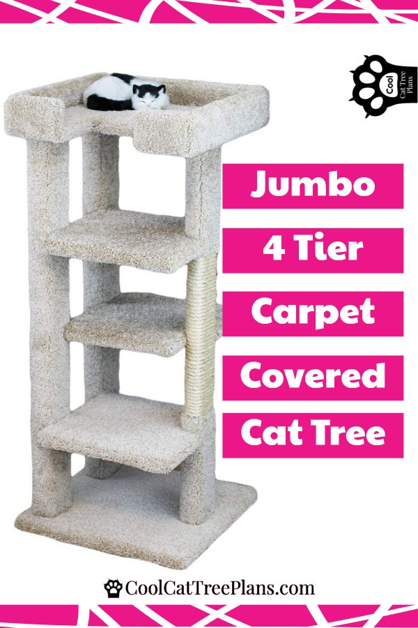 Jumbo Four Tier Carpet Covered Cat Tree - Elegant Tower! Designed for large cats with four platforms. Top tier doubles as a cat bed. Super stable with three solid wood posts including a rope wrapped section making a sisal scratching post for kitty nail sharpening.