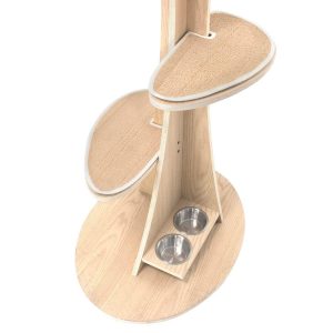 Bare Wood Cat Tree - This super modern wooden cat tree NO CARPET is so cute. Note the built in food dish holder. EASY TO CLEAN and Hypoallergenic. Love It!