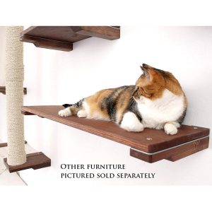 A modern and simple 34" cat wall shelf made from solid wood on a cat wall with a floating sisal cat shelf