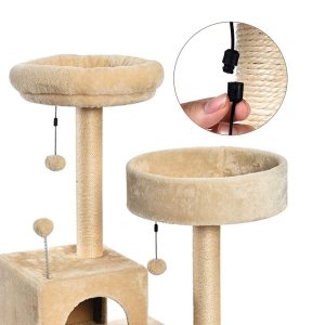 A good view of all the built in cat toys on this cat tree for large cats.