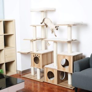This is a really fun example of how you can take two cat trees of similar designs and put them together to make a bigger play area for your cat.