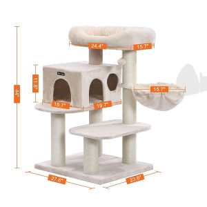 The specific detailed dimensions of the adjustable carpeted cat tree.