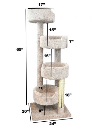 The New Cat Condos cat trees detailed dimensions.  Large cat tree for large cats, carpeted cat tree for large cats, solid wood cat tree.