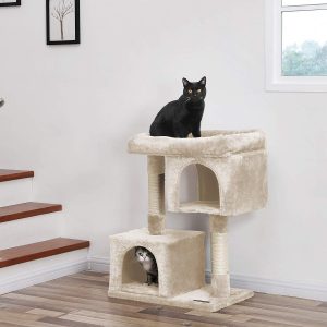 This beige cat tree for large cats is a lovely plush carpeted cat tree, the neutral colors make it go easily with most decor.