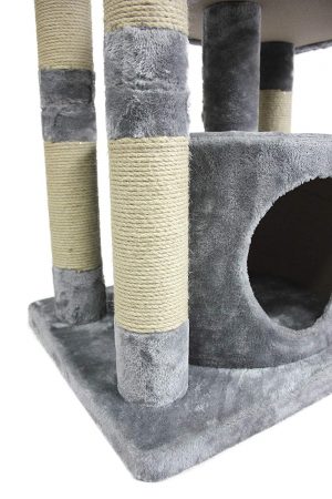 Grey plush carpeted cat tree with natural jute rope scratching posts.