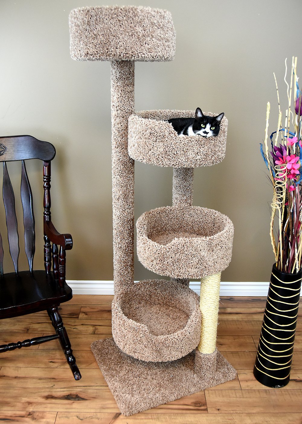 A great carpeted cat tree for large cats.  Cat furniture for large cats, carpeted cat tree, solid wood cat tree.