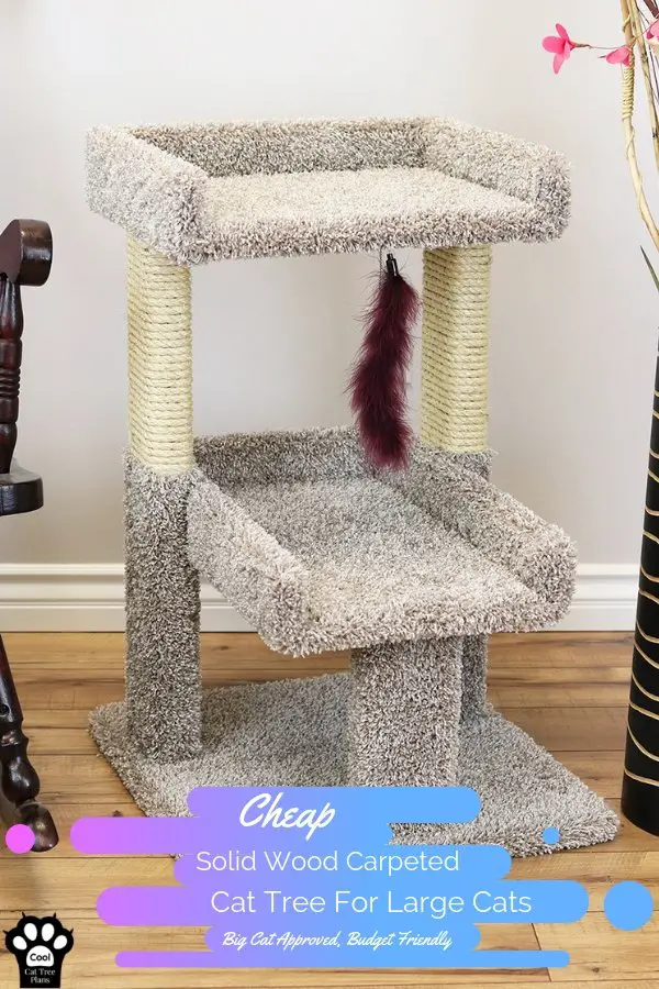 This is a cheap solid wood carpeted cat tree from New Cat Condos.  Its great cat tree for large cats, cat furniture for large cats.