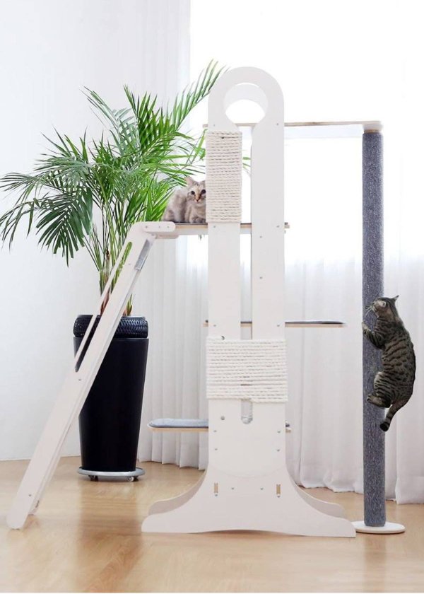 This white designer cat tree also has a great climbing pole as well, so cats can pick their mode of exercise and transport.