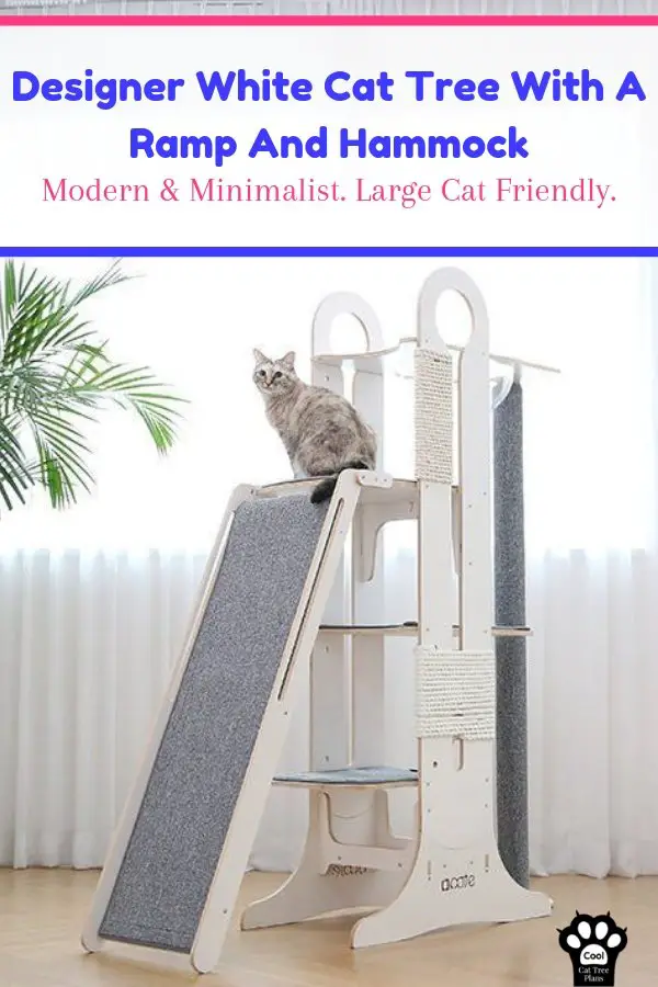 This designer white cat tree with a ramp and hammock is super cool and very strong.  It's well made and a great way to bring out the diva in your large cat.