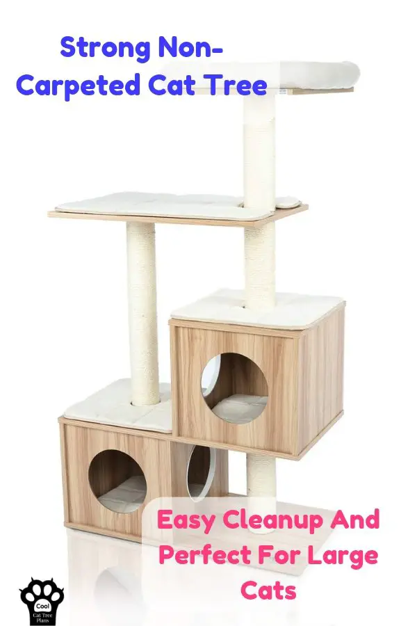 This strong non-carpeted cat tree for large cats from Lazy Buddy is a great playground for bigger cats.  It's easy to clean, stable and hefty enough that they will have a very hard, if not impossible time toppling it.
