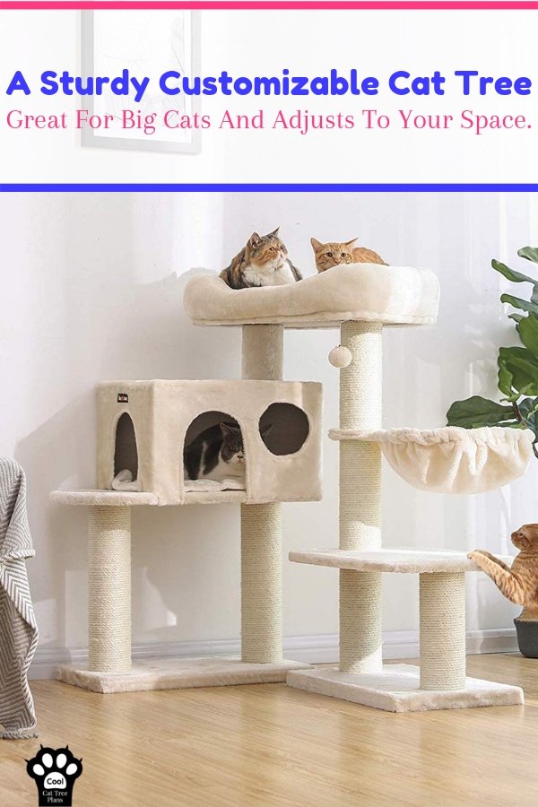 This sturdy adjustable beige carpeted cat tree is a great choice when you are looking for cat furniture for large cats.
