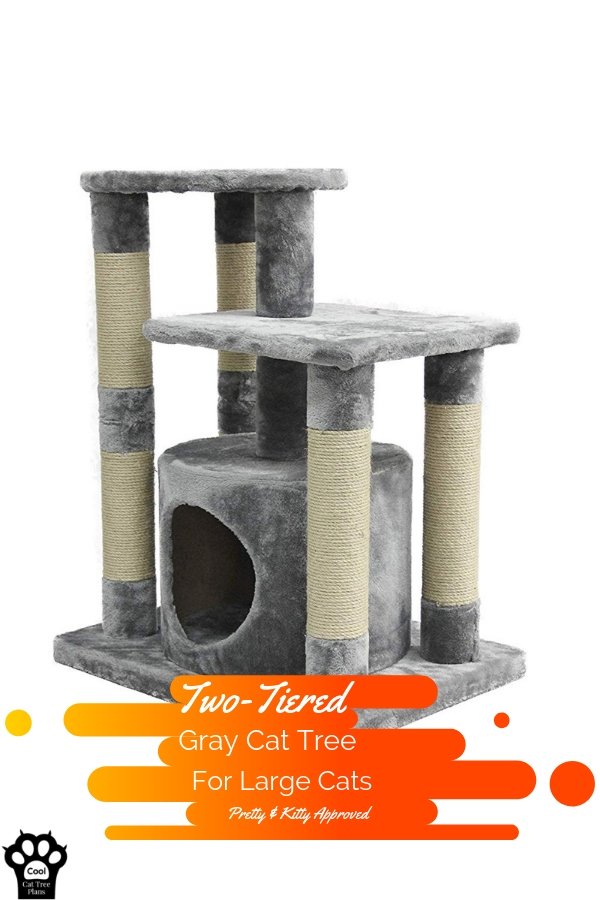 A two-tiered gray cat tree for large cats.