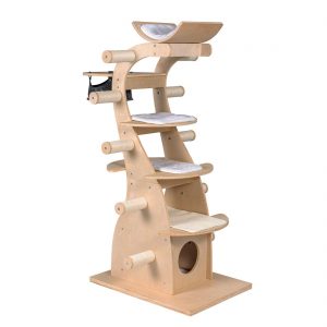A whimsical large modern cat tree without carpet and tons of sisal scratching posts.
