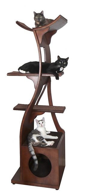 A modern cat tower with a timeless style, so even as the years go by and your decor changes, this cat tree will remain relevant and lovely.  It's built to last that long too, so you won't have to go replacing it.