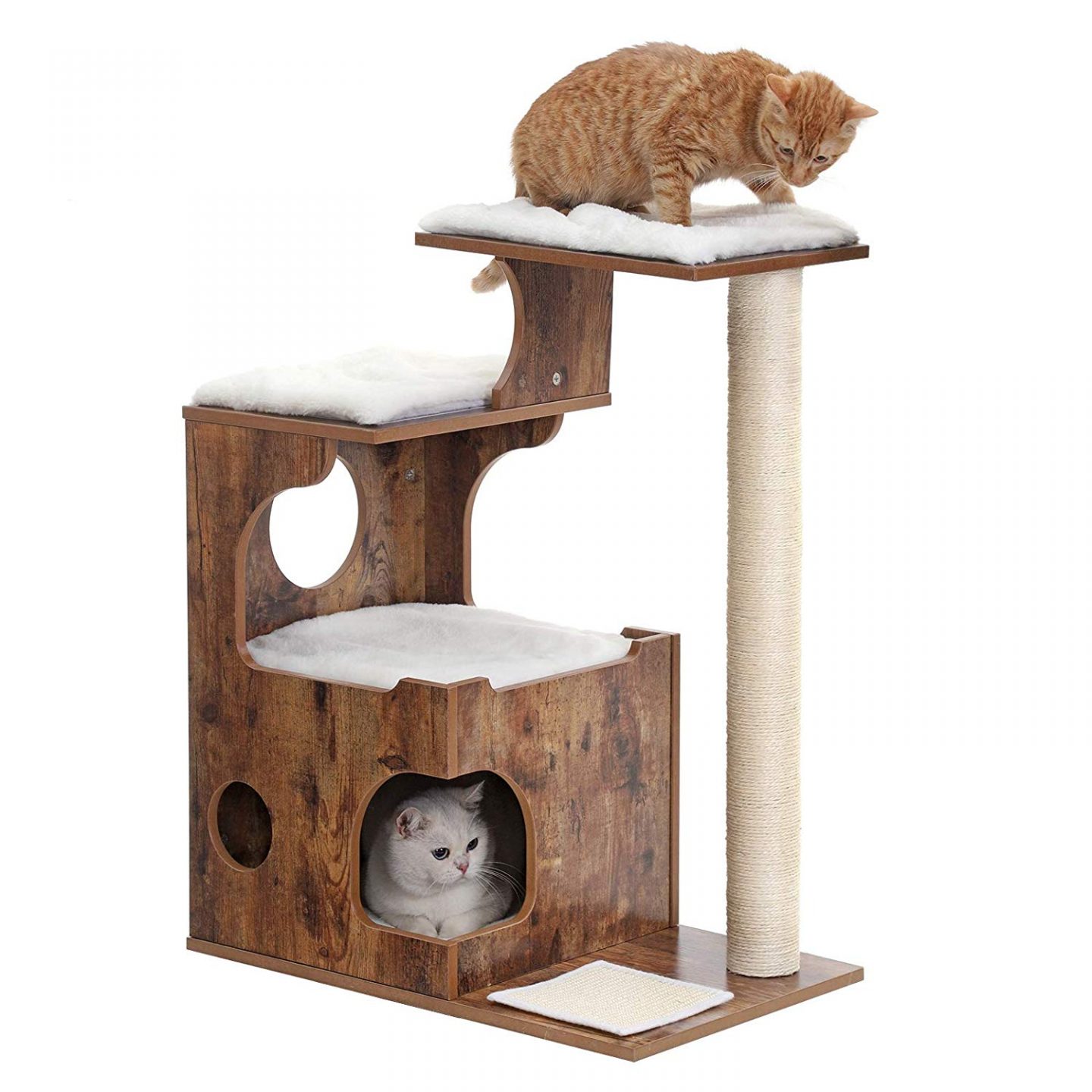 This cat tree has a large scratching post for your cat to stretch out on.  It's a great cat tree for senior cats and large cats.