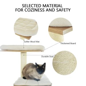 The soft wool mats on this cat tree are super easy to clean and give your cat a cozy place to lay on this wood cat tree.
