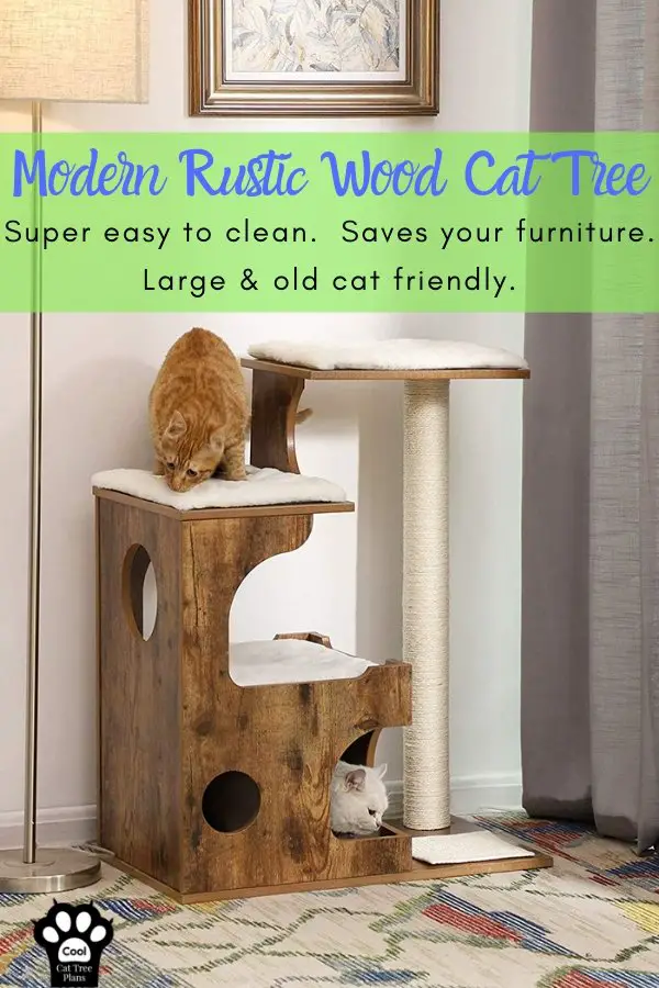 This modern rustic wood cat tree is easy to clean, can help save your furniture and is large and senior cat friendly.