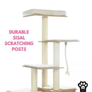 This cat tree has many durable sisal scratching posts.