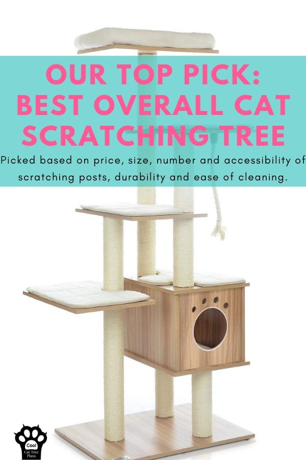 Our top pick: best overall cat scratching tree.  Picked based on price, size, number and accessibility of scratching posts, durability and easy of cleaning.