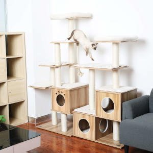 You can combine the two sizes of Lazy Buddy cat trees, both of which are adorable and high quality cat trees, to make a sort of mini kitty super jungle gym.