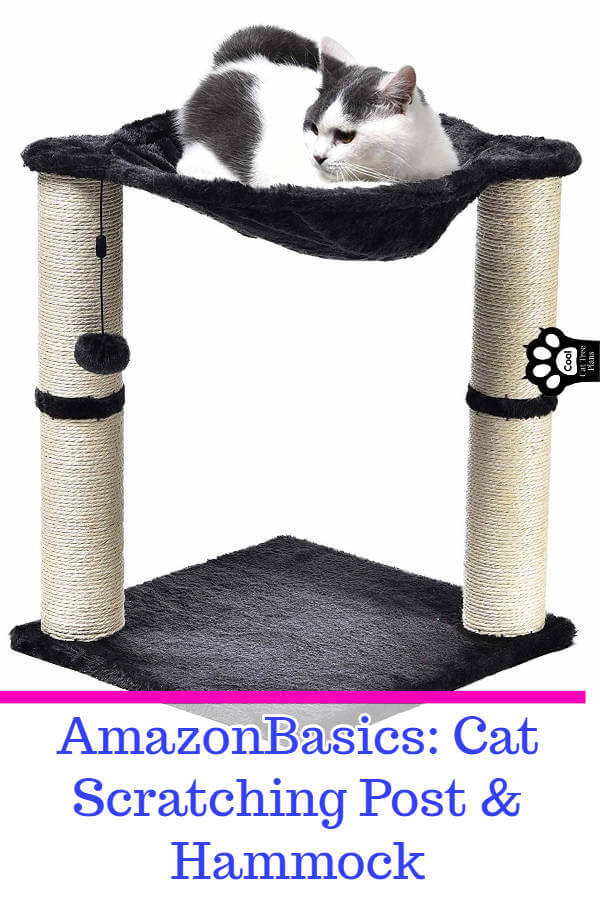This inexpensive AmazonBasics cat tree is a great cat tree for small spaces because it's compact, has a nice spot to lounge and plenty of things to scratch up that aren't your couch.