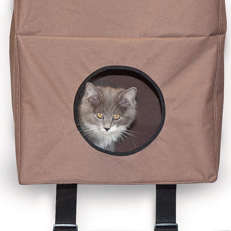 A kitty enjoying the bottom cubby of this hanging cat tree for apartments.