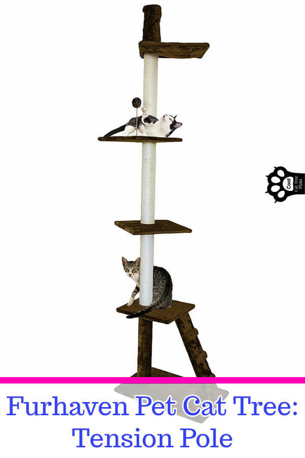 The FurHaven tension pole cat tree is a great cat tree for small spaces because it takes up hardly any floor space while still giving your cat lots of room to romp and climb.