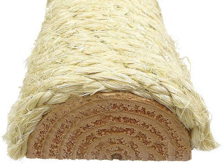 A cross-section of one of the sisal scratching posts, revealing the solid wood post inside with the unoiled sisal covering the outside.