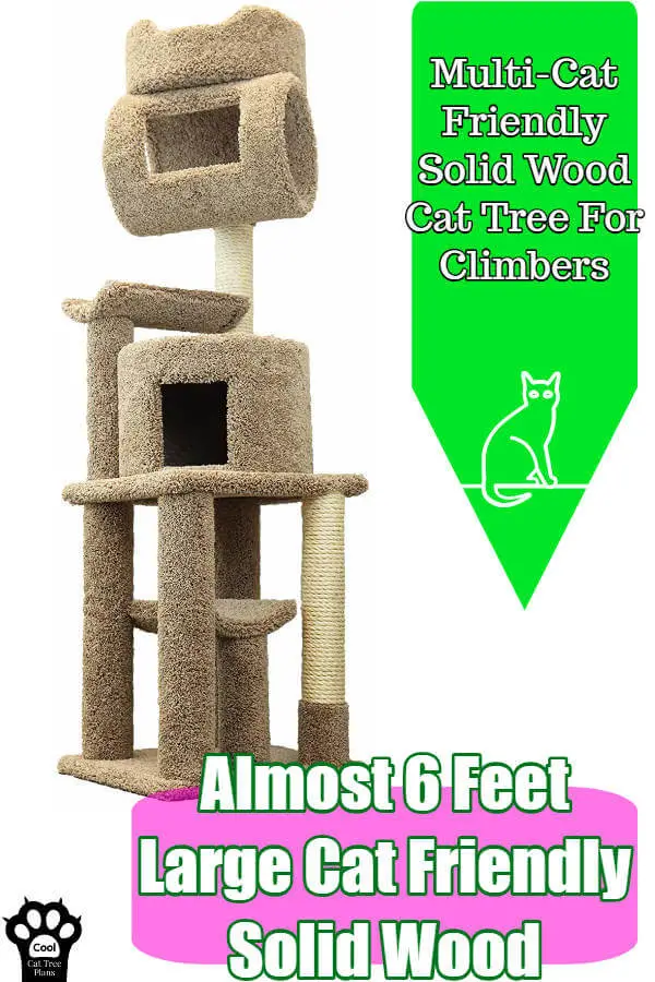 This multi-cat friendly solid wood cat tree for climbers is perfect for daredevil kitties, large cats and snuggle buddies alike.