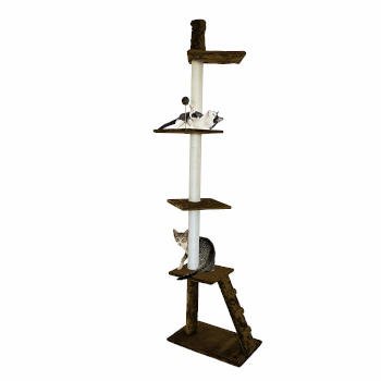 You can see how this small space friendly tension pole cat tree has more than a few spaces for your kitty to happily lounge and nestle in.