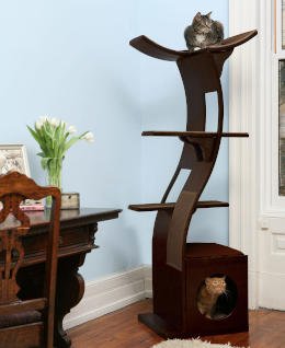This tall wood cat tree has replaceable parts.  All of the mats and other wearable things attached to this cat tree can easily be replaced when needed.