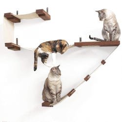A cat shelf set from CatastrophiCreations featuring fabric runways and hammocks.