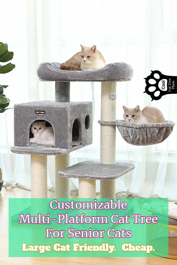A customizable mult-platform cat tree for senior cats like this one can be just what the doctor (or vet) ordered.  This one is cheap and works well as a cat tree for large older cats as well.