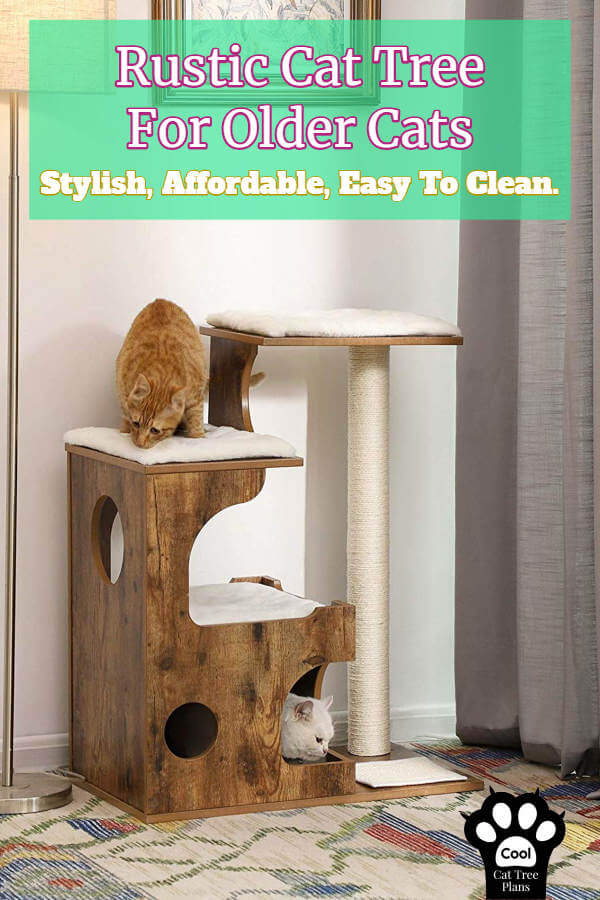 This rustic cat tree for older cats is stylish and super easy to clean.  It has no carpet, making it a cinch to wipe down whenever you need.