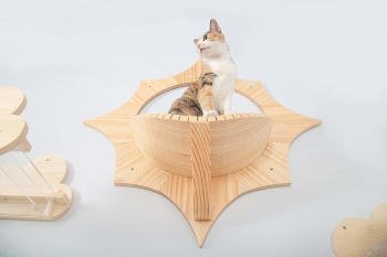 The cat shelf is made from solid wood to hold up to 33 pounds.  The shelf itself is a beautiful curved ledge for your cat to snuggle up on.