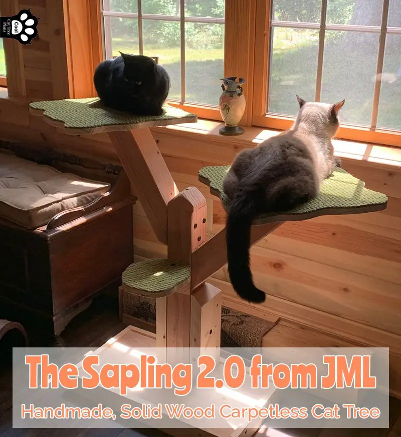 The Sapling is a cat tree without carpet from JML pets, with two platforms and one step for your cats to enjoy.