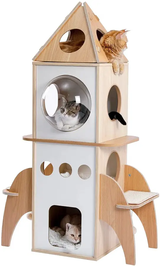 A delightful, easy to assemble rocket themed cat tree.  No carpet, cozy fuzzy pads that are easy to throw in the washing machine.